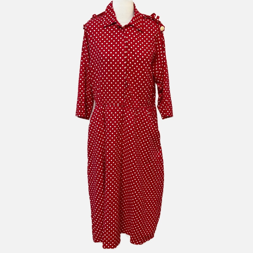 King Fashions Dallas Vintage Red Polka Dot Midi Dress Epaulette Shoulder M/L